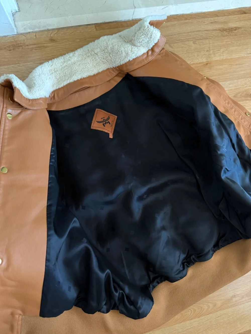 MCM Cognac Brown Leather Bomber Jacket with Shearling Collar - Picture 5 of 6